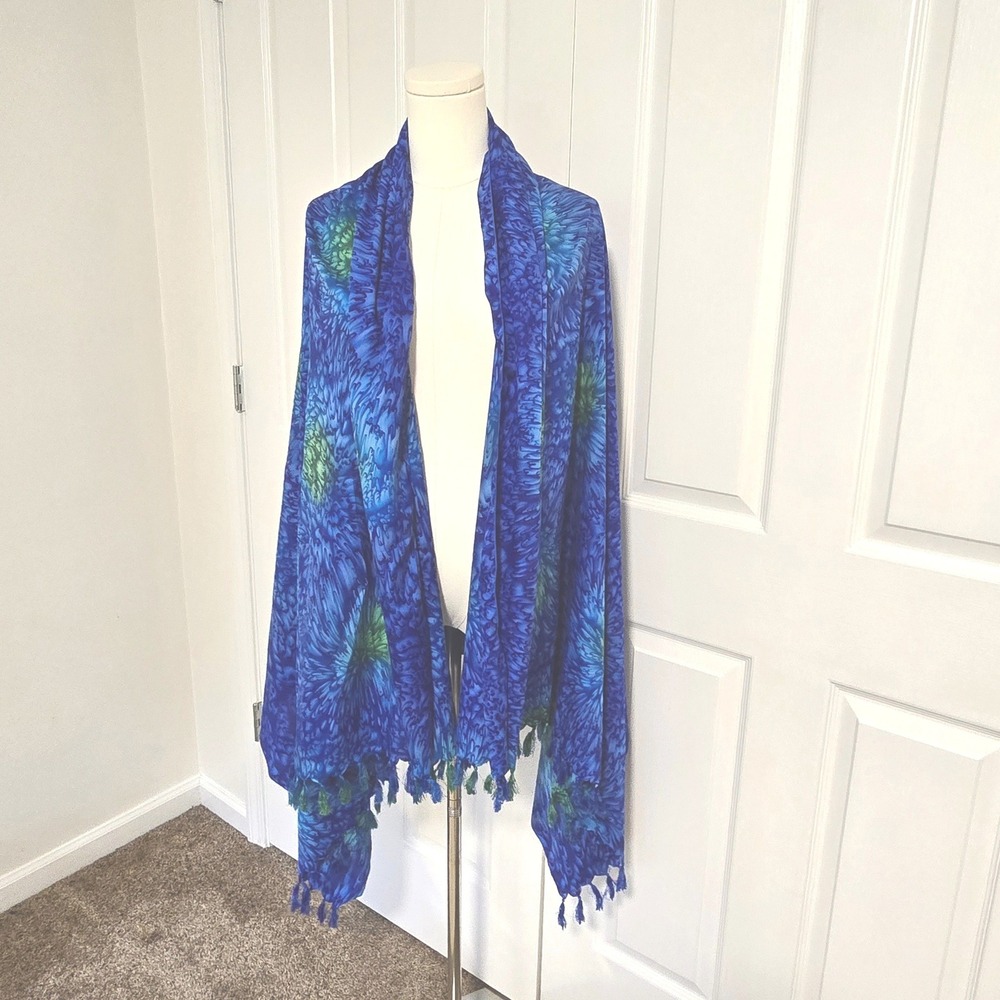 Unbranded Sarong Wrap Womens OS Blue Green Batik Floral Fringe Beach Coverup